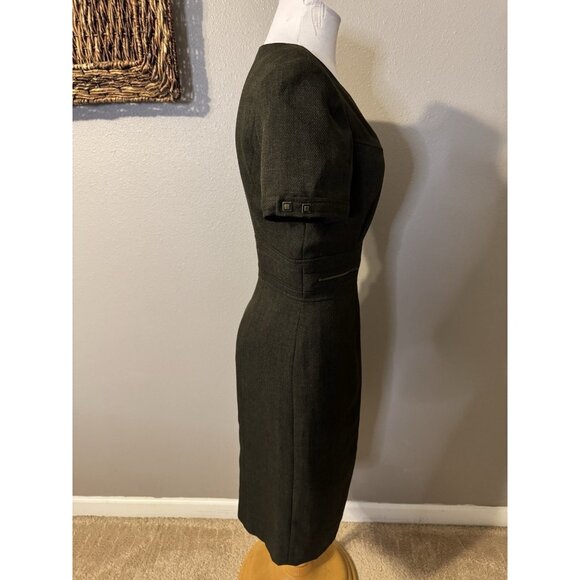 Tahari Levine Dress 10 Tweed Olive Green.Brown Short Sleeve Sheath Career Church - Picture 10 of 10